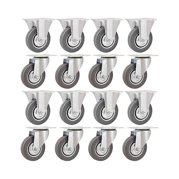 KIT 16 UN RODÍZIO RODA FIXO GIRATÓRIO BORRACHA CINZA 4" 60KG