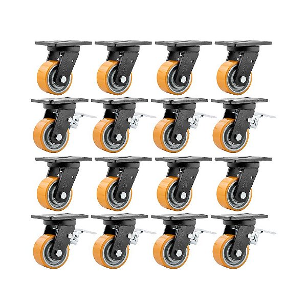 KIT 16 UN RODÍZIO RODA GIRATÓRIO FREIO POLIURETANO 4" 101MM