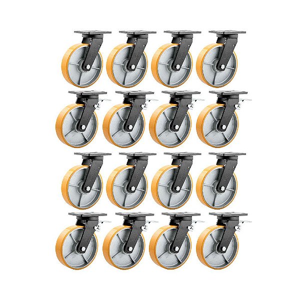 KIT 16 UN RODÍZIO RODA GIRATÓRIO FREIO POLIURETANO 8" 203MM