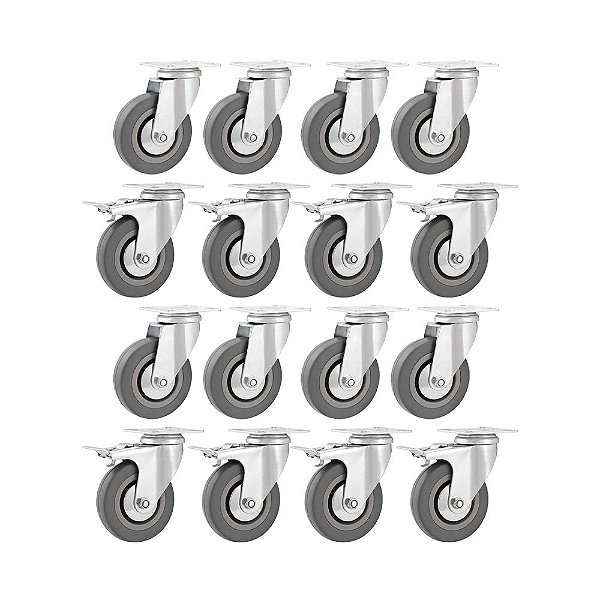 KIT 16 UN RODÍZIO RODA GIRATÓRIO FREIO PVC CINZA 3" 76MM