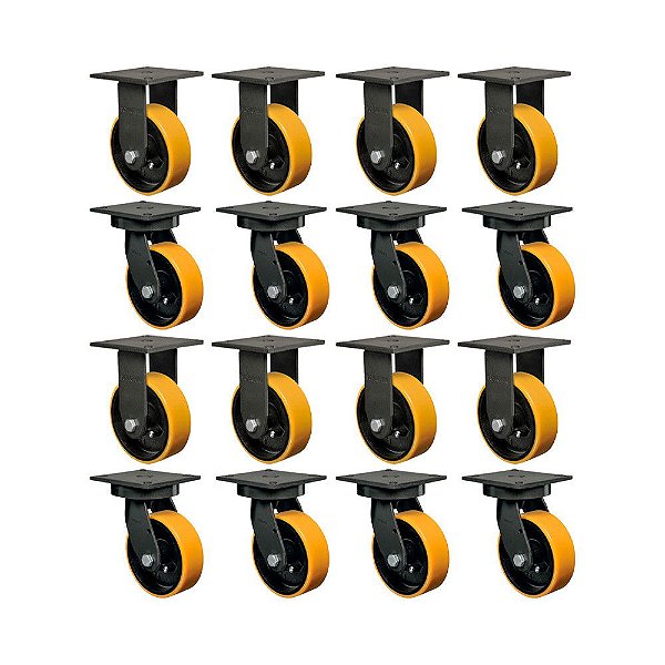 KIT 16UN RODÍZIO FIXO GIRATÓRIO 8" PU MOLDADO FERRO MX 900KG