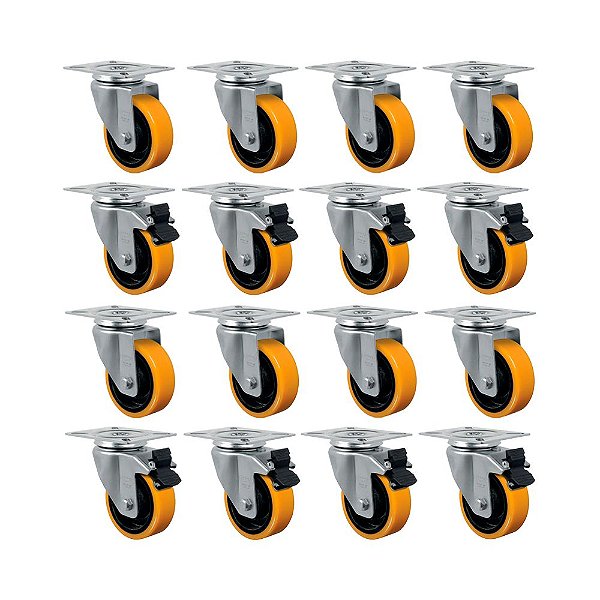 KIT 16UN RODÍZIO FIXO GIRATÓRIO FREIO 6" PU MOLDADO 300KG