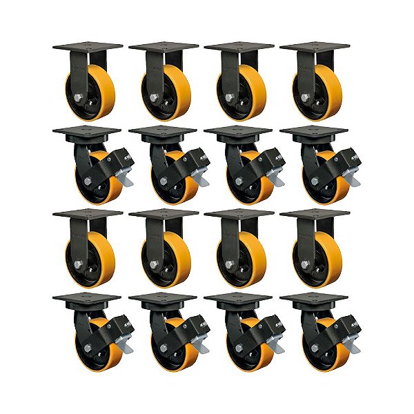 KIT 16UN RODÍZIO FIXO GIRATÓRIO FREIO 6" PU MOLDADO MX 700KG