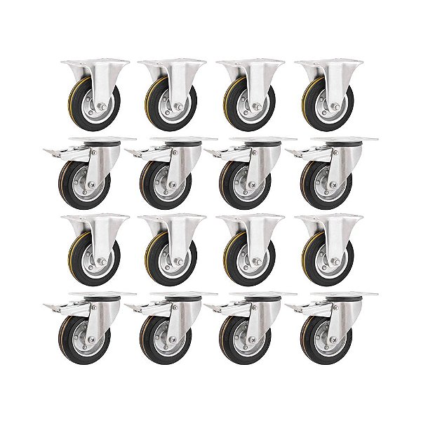 KIT 16UN RODÍZIO FIXO GIRATÓRIO FREIO BORRACHA PRETA 3" 76MM