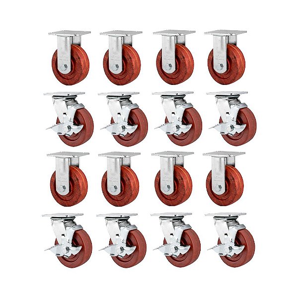 KIT 16UN RODÍZIO FIXO GIRATÓRIO FREIO CELERON MARRON 4 110MM