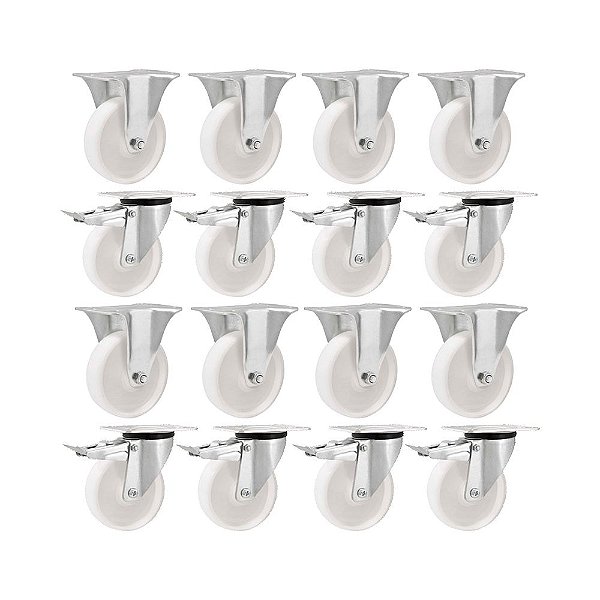KIT 16UN RODÍZIO RODA FIXO GIRATÓRIO FREIO NYLON 4'' 130KG