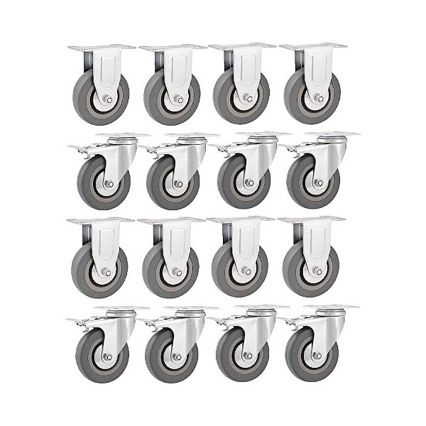 KIT 16UN RODÍZIO RODA FIXO GIRATÓRIO FREIO PVC CINZA4" 101MM