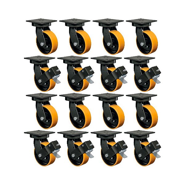 KIT16UN RODÍZIO GIRATÓRIO FREIO 8" PU MOLDADO FERRO MX 900KG