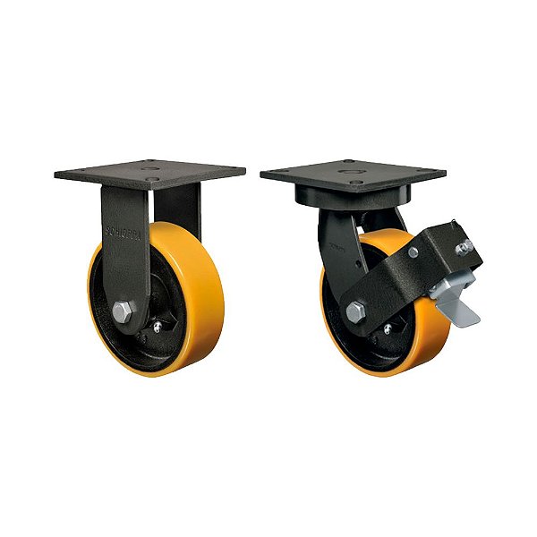 KIT 2 UN RODÍZIO FIXO GIRATÓRIO FREIO 8" PU MOLDADO MX 900KG