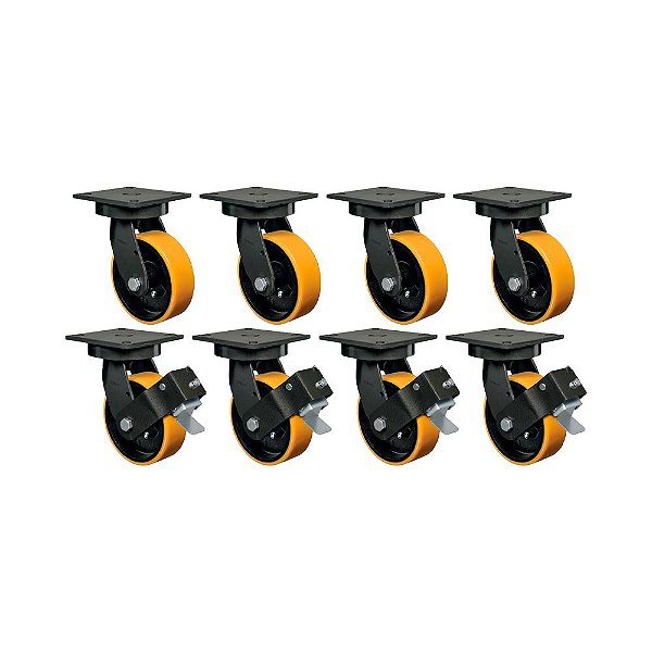 KIT 8UN RODÍZIO GIRATÓRIO FREIO 6" PU MOLDADO FERRO MX 700KG