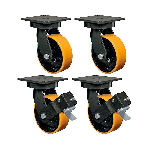 KIT 4UN RODÍZIO GIRATÓRIO FREIO 6" PU MOLDADO FERRO MX 700KG