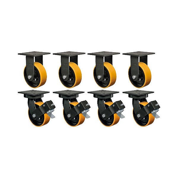 KIT 8 UN RODÍZIO FIXO GIRATÓRIO FREIO 6" PU MOLDADO MX 700KG
