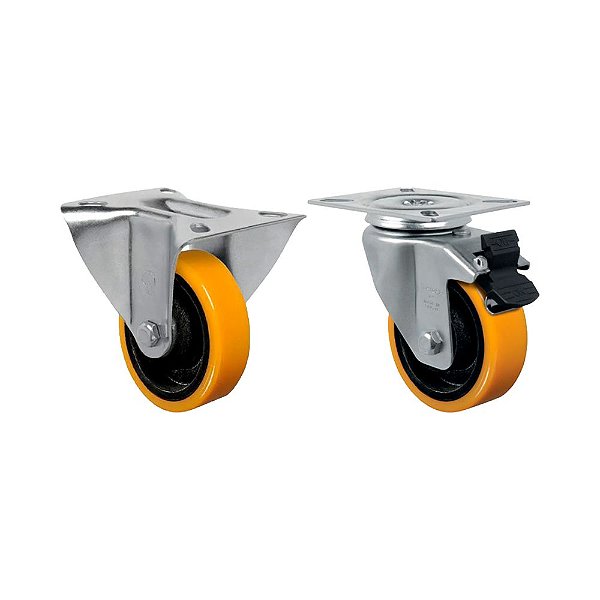 KIT 2 UN RODÍZIO FIXO GIRATÓRIO FREIO 6" PU MOLDADO 300KG