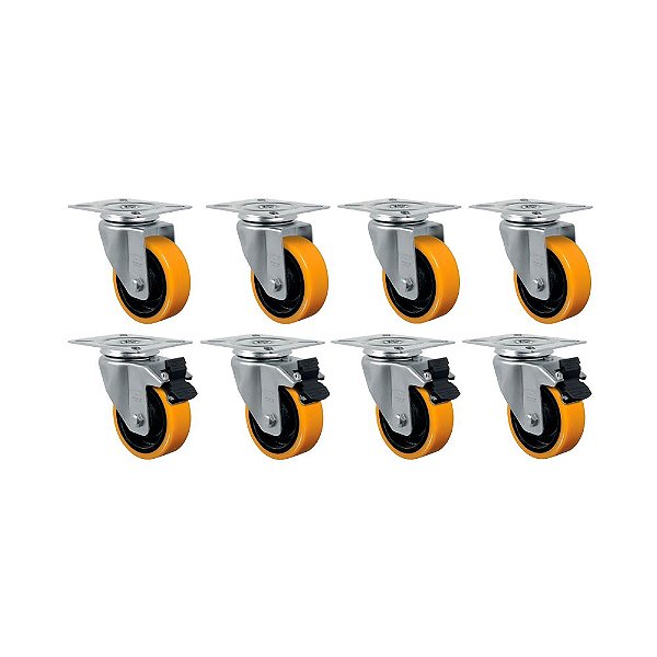 KIT 8UN RODÍZIO GIRATÓRIO FREIO 5" POLIURETANO MOLDADO 300KG