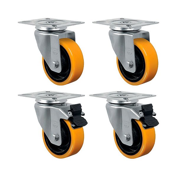 KIT 4UN RODÍZIO GIRATÓRIO FREIO 5" POLIURETANO MOLDADO 300KG