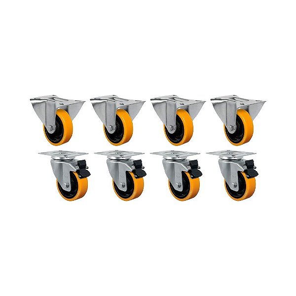 KIT 8 UN RODÍZIO FIXO GIRATÓRIO FREIO 5" PU MOLDADO 300KG