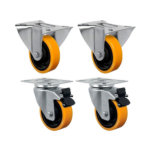 KIT 4 UN RODÍZIO FIXO GIRATÓRIO FREIO 5" PU MOLDADO 300KG