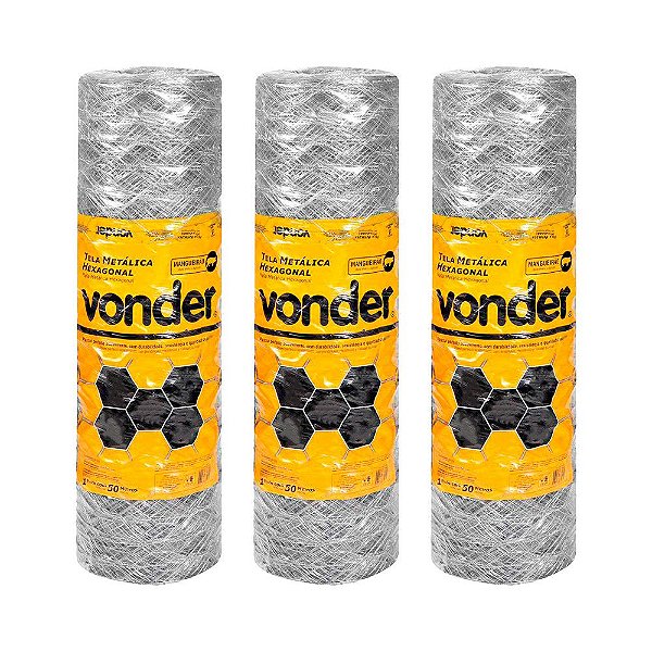 KIT 3 UN TELA MANGUEIRÃO HEXAGONAL VONDER 1,00X50M BWG 16