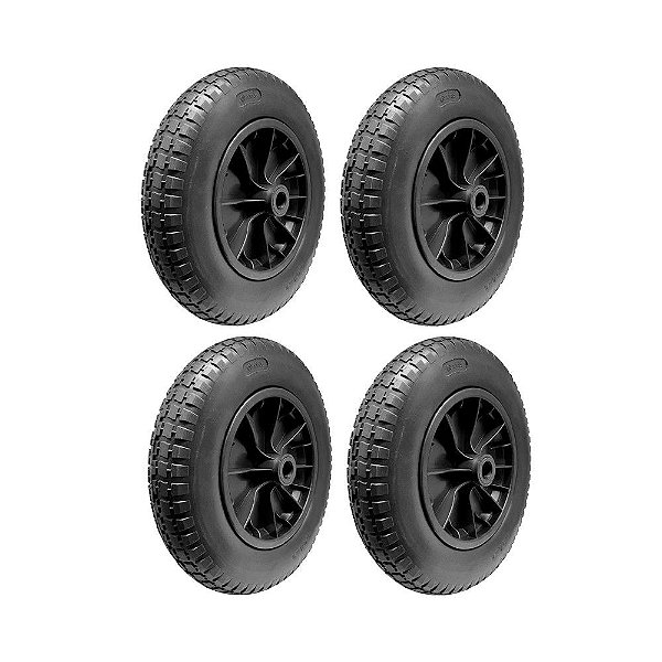 KIT 4UN RODA MACIÇA PU 3.25-8 ROL.ROLETE1" ARO PLÁSTICO 80KG