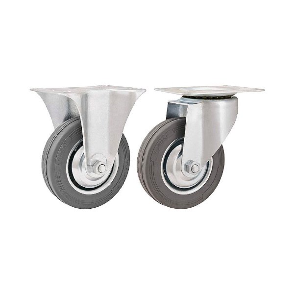 KIT 2 UN RODÍZIO RODA FIXO GIRATÓRIO BORRACHA CINZA 4" 60KG