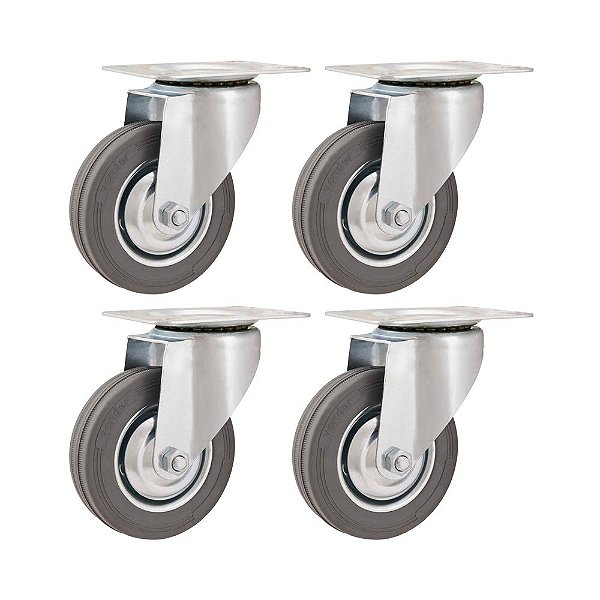 KIT 4 UN RODÍZIO RODA GIRATÓRIO BORRACHA CINZA 4" 101MM 60KG