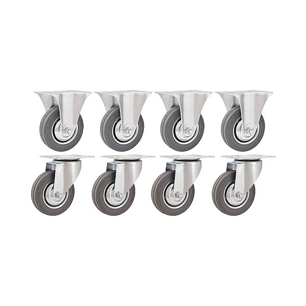 KIT 8 UN RODÍZIO RODA FIXO GIRATÓRIO BORRACHA CINZA 4" 60KG