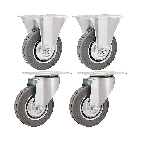 KIT 4 UN RODÍZIO RODA FIXO GIRATÓRIO BORRACHA CINZA 4" 60KG