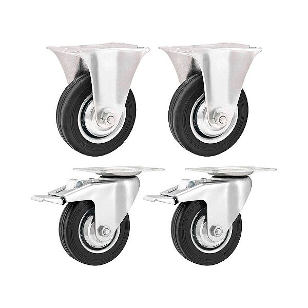 KIT 4UN RODÍZIO FIXO GIRATÓRIO FREIO BORRACHA PRETA 5" 127MM