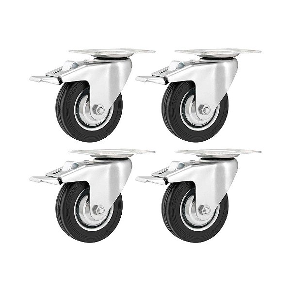 KIT 4UN RODÍZIO GIRATÓRIO FREIO BORRACHA PRETA 4" 101MM 60KG