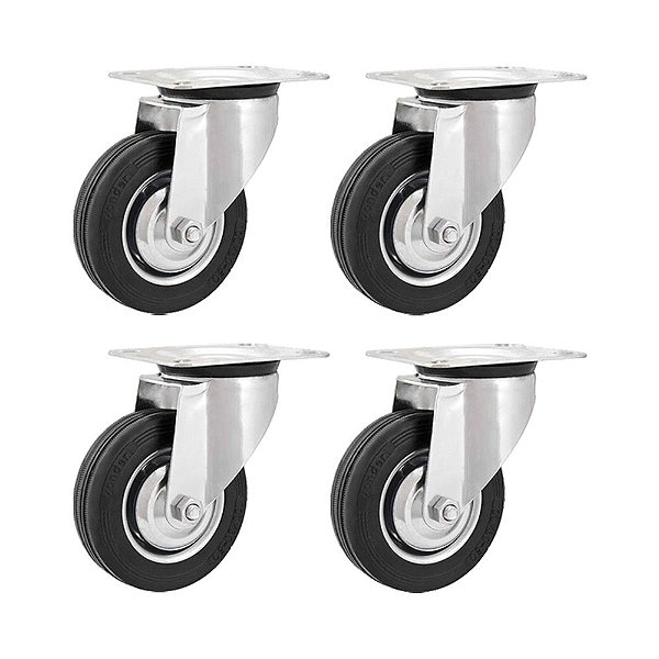 KIT 4 UN RODÍZIO GIRATÓRIO BORRACHA PRETA 4" 101MM 60KG LEVE