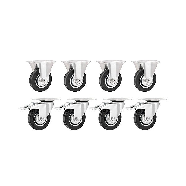 KIT 8 UN RODÍZIO FIXO GIRATÓRIO FREIO BORRACHA PRETA 3" 40KG