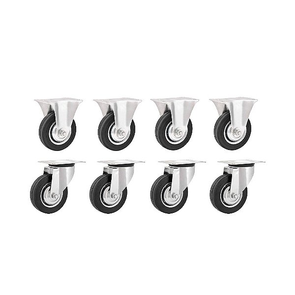 KIT 8 UN RODÍZIO FIXO GIRATÓRIO BORRACHA PRETA 3" 76MM 40KG