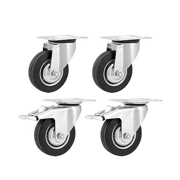 KIT 4 UN RODÍZIO GIRATÓRIO FREIO BORRACHA PRETA 3" 76MM 40KG