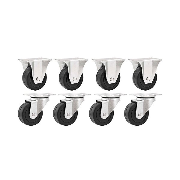 KIT 8 UN RODÍZIO FIXO GIRATÓRIO BORRACHA PRETA 2" 50MM