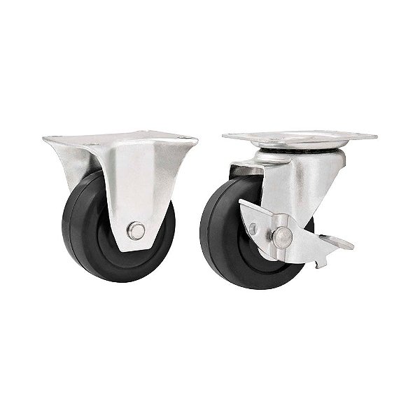 KIT 2 UN RODÍZIO FIXO GIRATÓRIO FREIO BORRACHA PRETA 2" 50MM