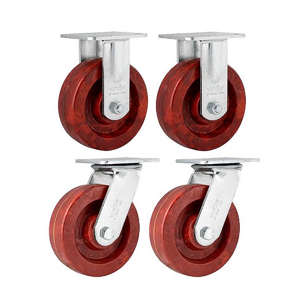 KIT 4 UN RODÍZIO FIXO E GIRATÓRIO CELERON MARROM 6" 152MM