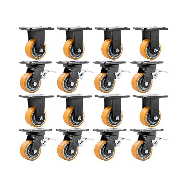 KIT16UN RODÍZIO RODA FIXO GIRATÓRIO FREIO POLIURETAN 4 101MM