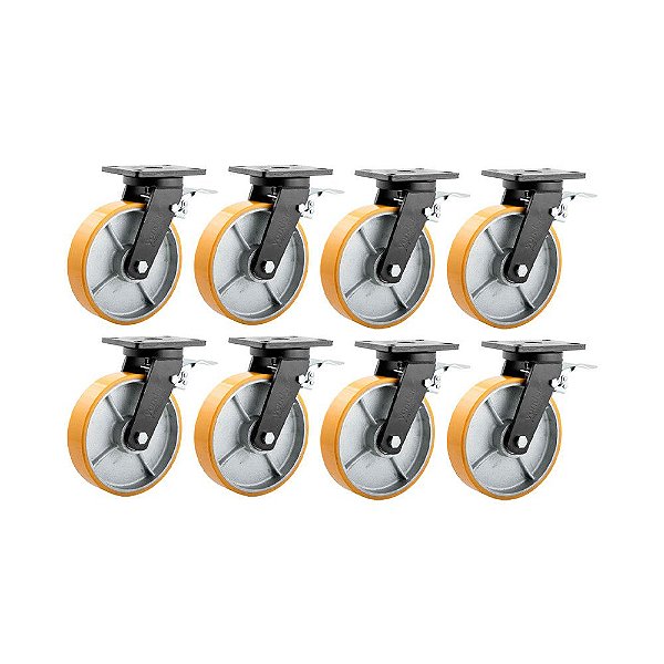 KIT 8 UN RODÍZIO GIRATÓRIO FREIO POLIURETANO 8" 203MM