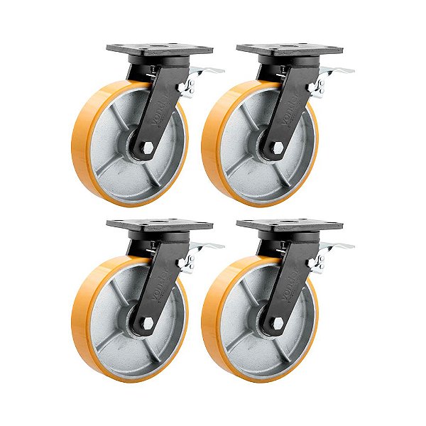 KIT 4 UN RODÍZIO GIRATÓRIO FREIO POLIURETANO 8" 203MM