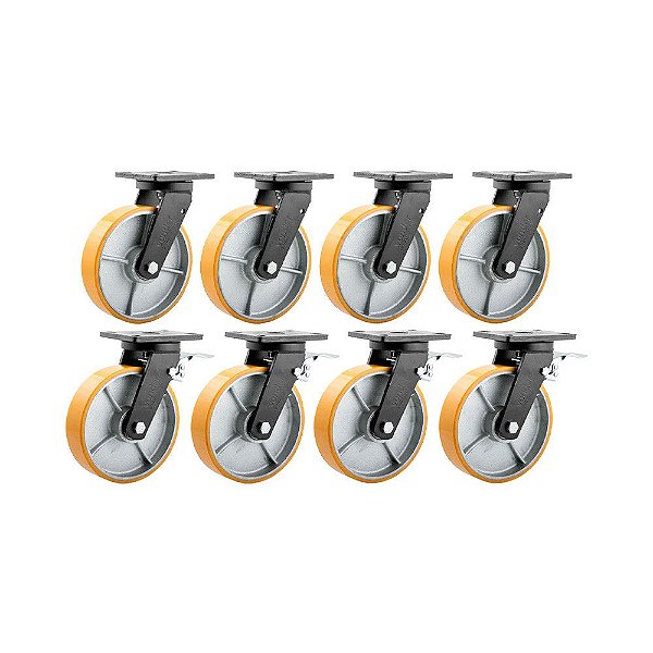 KIT 8 UN RODÍZIO GIRATÓRIO FREIO POLIURETANO 8" 203MM
