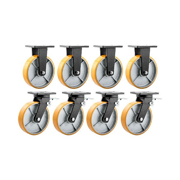 KIT 8 UN RODÍZIO FIXO E GIRATÓRIO FREIO POLIURETANO 8" 203MM