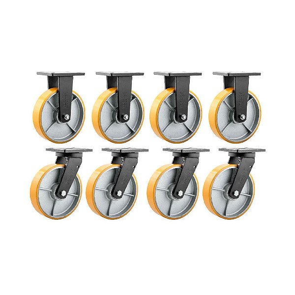 KIT 8 UN RODÍZIO RODA FIXO E GIRATÓRIO  POLIURETANO 8" 203MM