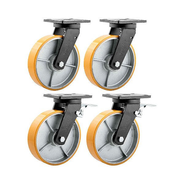 KIT 4 UN RODÍZIO GIRATÓRIO FREIO POLIURETANO 8" 203MM