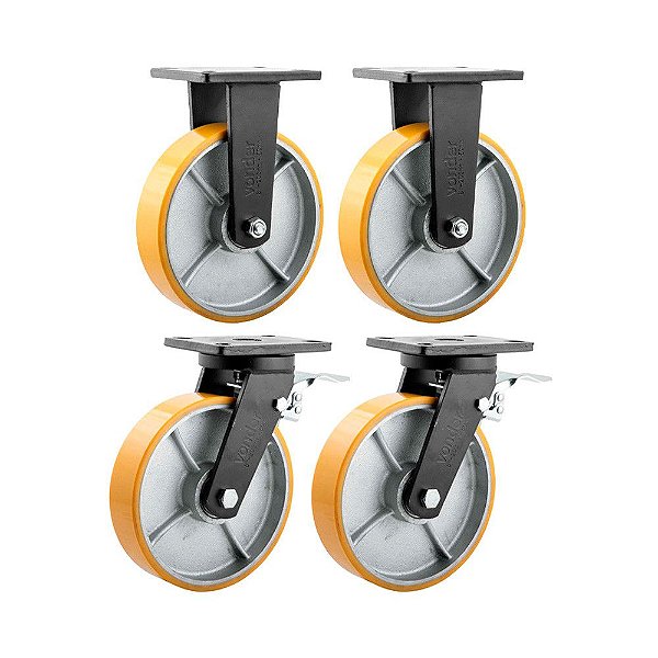 KIT 4 UN RODÍZIO FIXO GIRATÓRIO FREIO POLIURETANO 8" 203MM