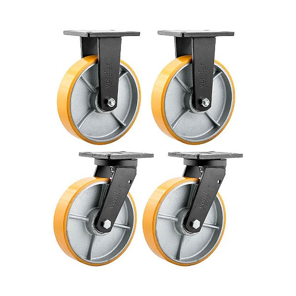 KIT 4 UN RODÍZIO FIXO E GIRATÓRIO POLIURETANO 8" 203MM