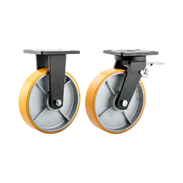 KIT 2 UN RODÍZIO FIXO GIRATÓRIO FREIO POLIURETANO 8" 203MM