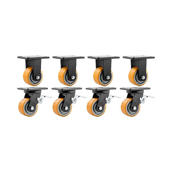 KIT 8 UN RODÍZIO FIXO E GIRATÓRIO FREIO POLIURETANO 6" 152MM