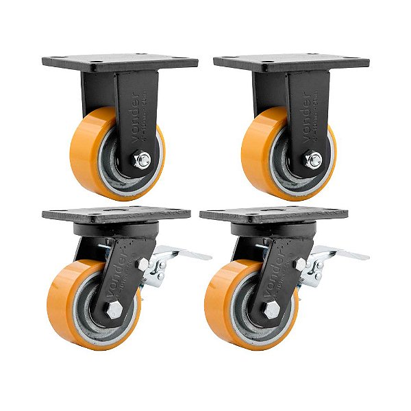 KIT 4 UN RODÍZIO FIXO GIRATÓRIO FREIO POLIURETANO 6" 152MM
