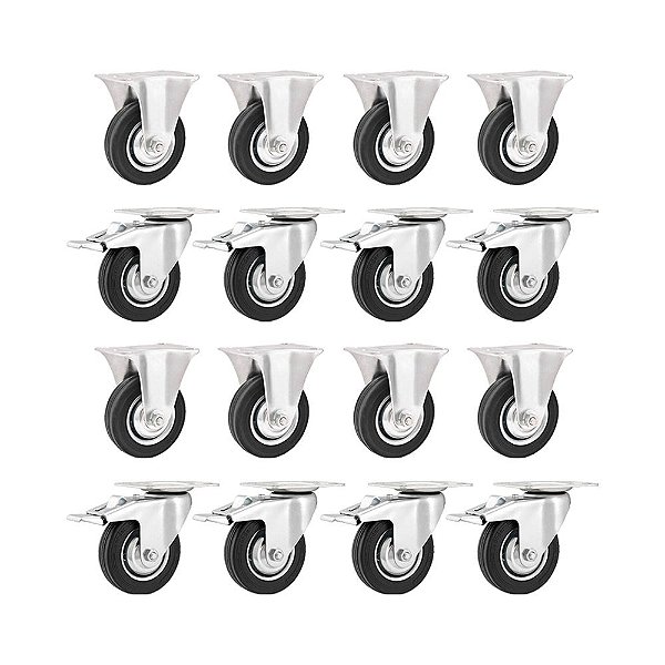 KIT16UN RODÍZIO FIXO GIRATÓRIO FREIO BORRACHA PRETA8'' 203MM