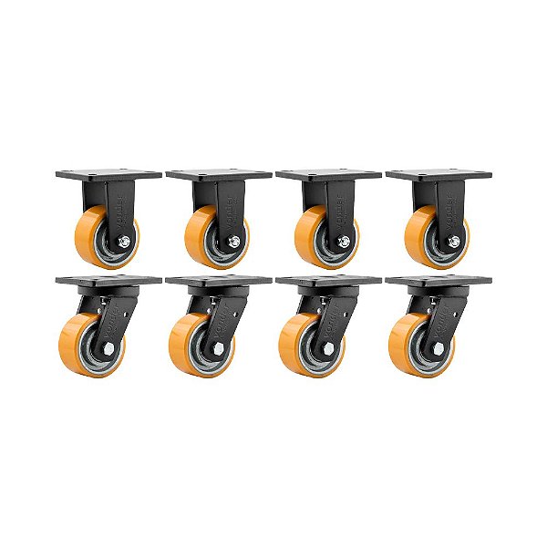 KIT 8 UN RODÍZIO RODA FIXO E GIRATÓRIO  POLIURETANO 5" 127MM